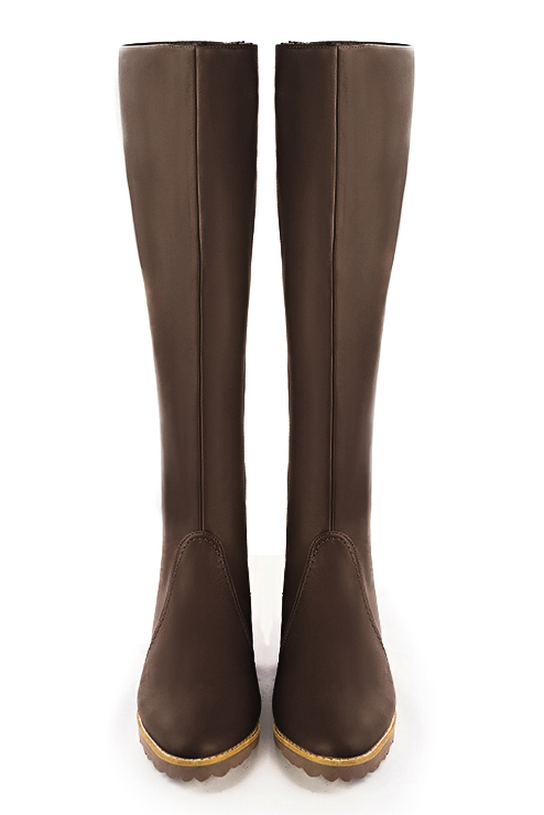Dark brown women's riding knee-high boots. Round toe. Flat rubber soles. Made to measure. Top view - Florence KOOIJMAN